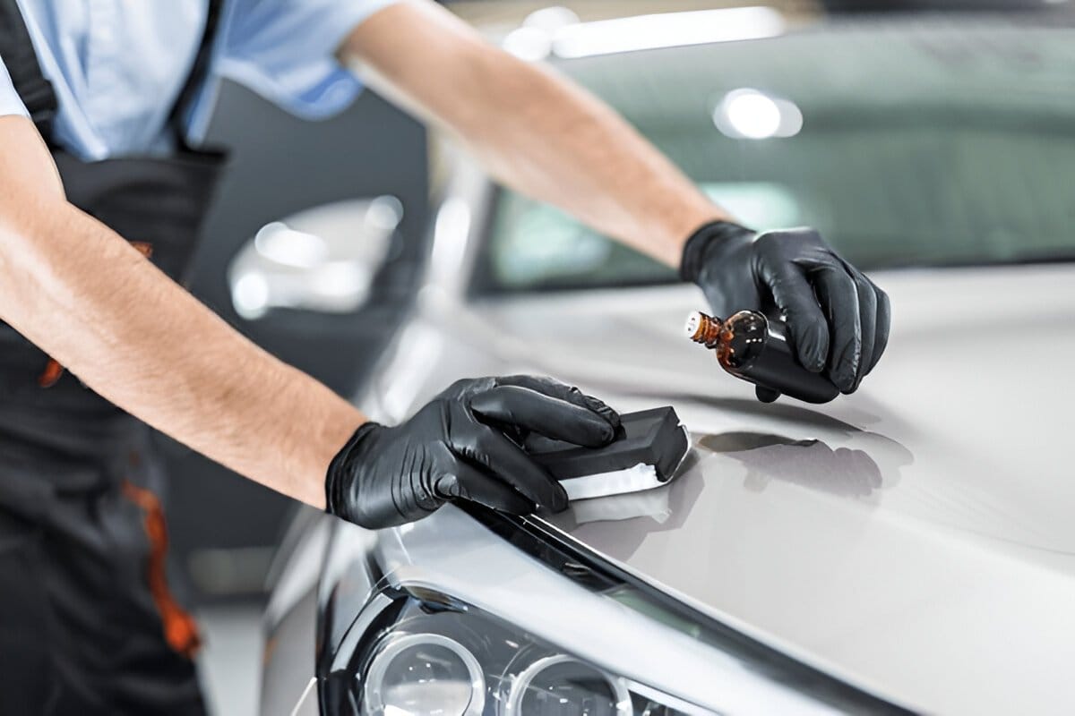 Technician applying ceramic coating for paint protection on a luxury vehicle Car Customization UAE