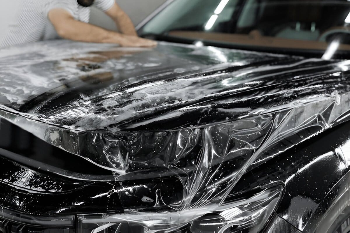 Technician applying vinyl wrap on a black car during car wrapping process, showing how car wrap transforms vehicle appearance compared to paint.