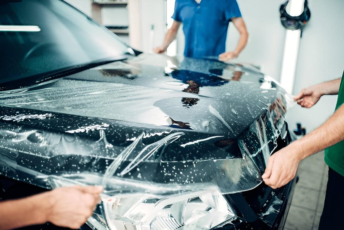 Applying paint protection film to a luxury car in Dubai to prevent scratches, UV damage, and paint wear.